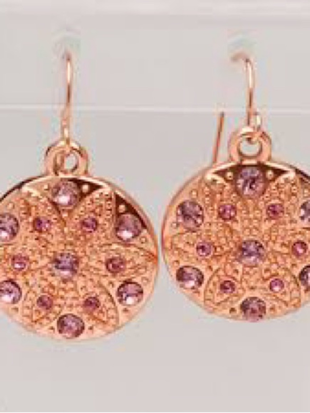 Rose Gold Pink Crystal Disc Drop Earrings